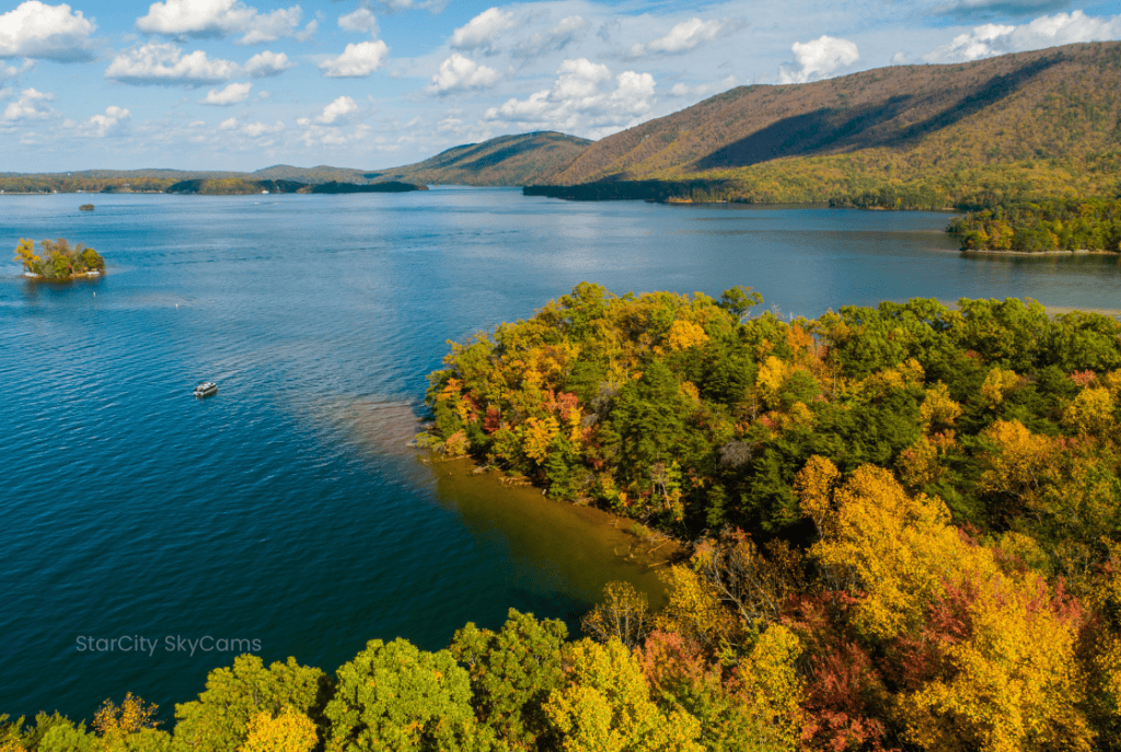 Colorful fall foliage blankets Smith Mountain in Virginia