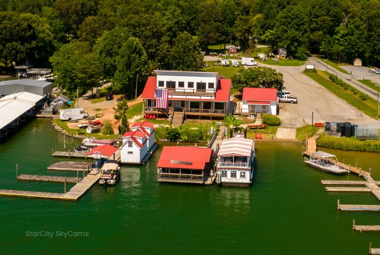 An aerial view of Virginia Dare Marina, Portside and Beacon Seafood Pub