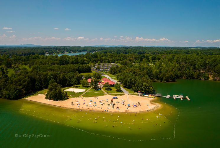 Aerial view of the sandy beach at Smith Mountain Lake State Park