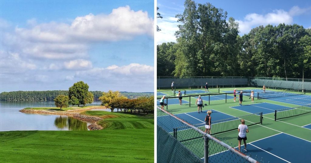 Golf course with lake view and pickleball players at Smith Mountain Lake