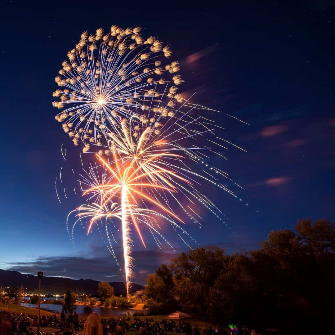 Colorful fireworks burst in the sky above Smith Mountain Lake