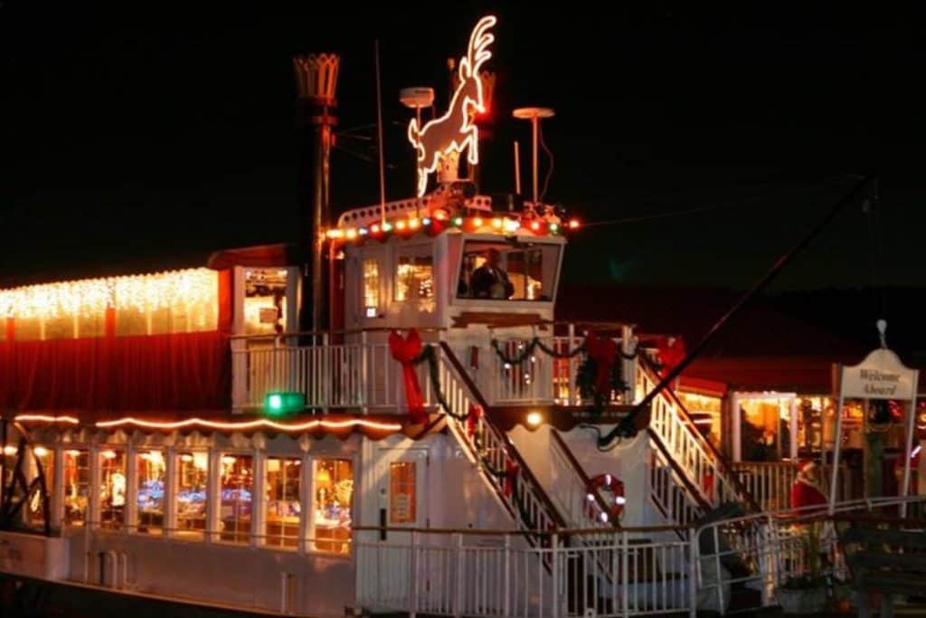 The Virginia Dare cruise boat lit up with Christmas lights for the annual flotilla