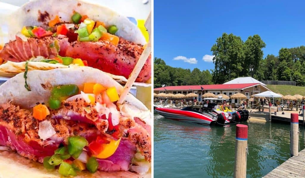 Colorful ahi tuna tacos; boats docked and thatched umbrellas on the waterfront patio