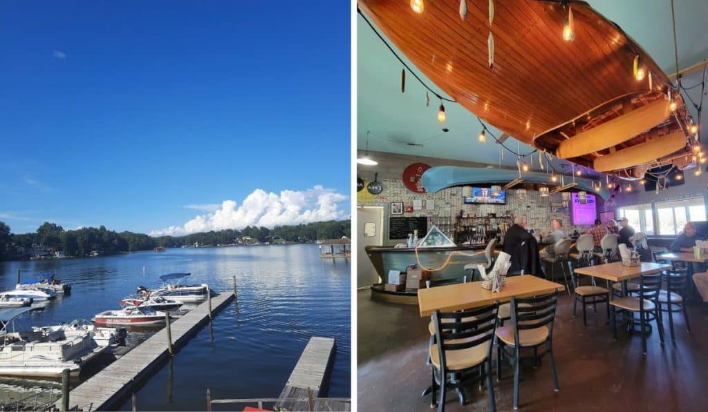 Blue sky, docks, boats and lake view; interior seating