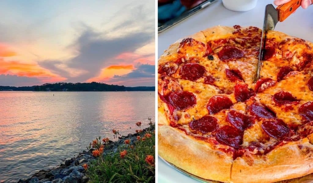 Pink sunset over the lake; Pizza loaded with pepperoni