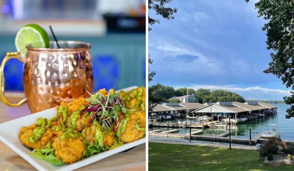 A copper Moscow Mule cup and a tasty looking appetizer; the view of the lake and docks