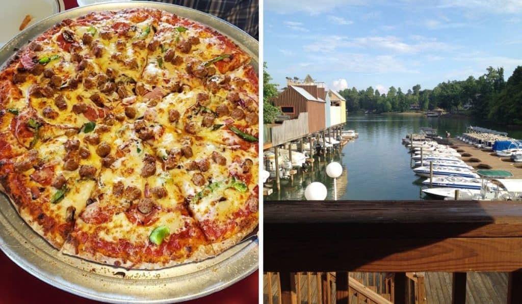 Mouthwatering pizza; view of boats in the marina at Bridgewater Plaza