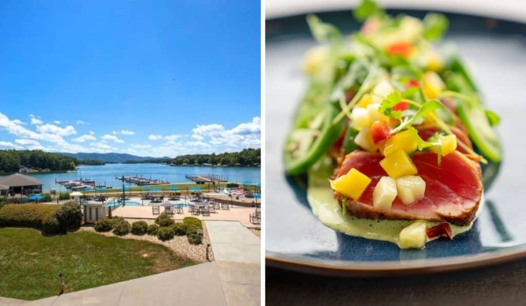 Elegant lakeside dining room and colorful tuna appetizer