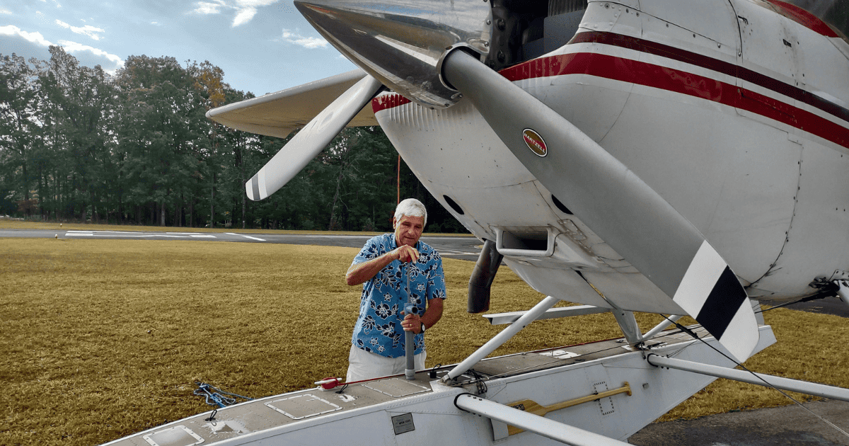 Pilot Jack Phillips checks his sea plane prior to an aerial flight over Smith Mountain Lake, VA