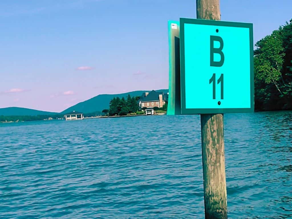 Channel marker B11 in green with Smith Mountain in the backgrounds