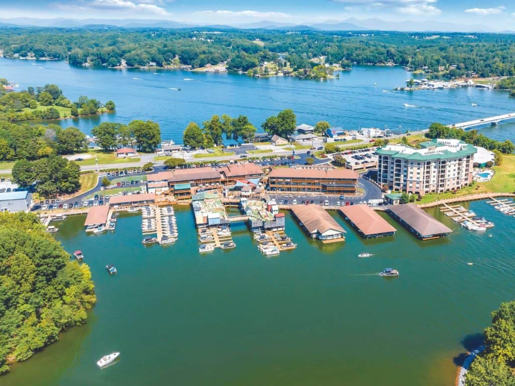 Aerial view of shops and marina at Bridgewater Plaza, Smith Mountain Lake, VA.

