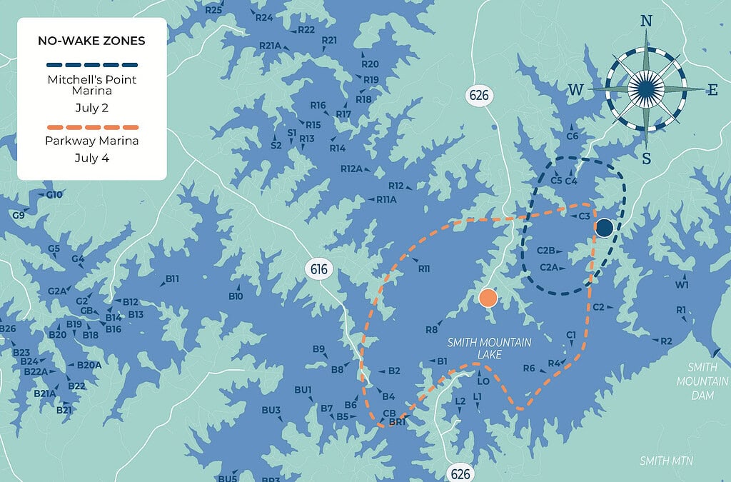 No Wake Zone Map for fireworks at Smith Mountain Lake, VA.