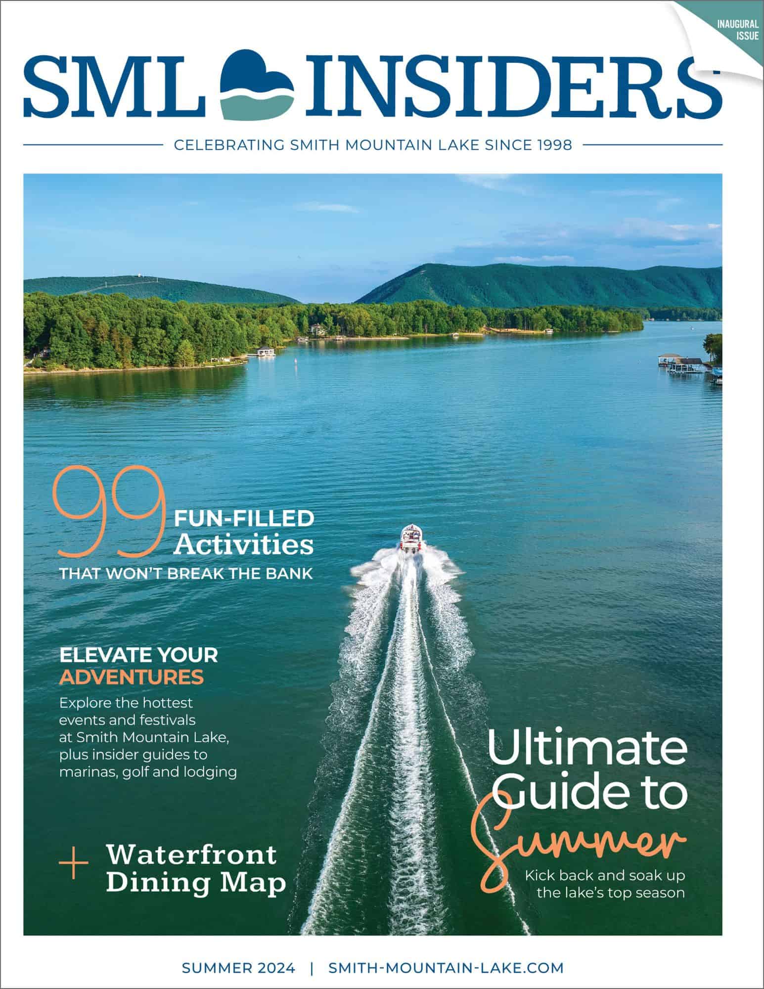 The cover of the inaugural issue of the SML Insiders' Guide with boat and mountain