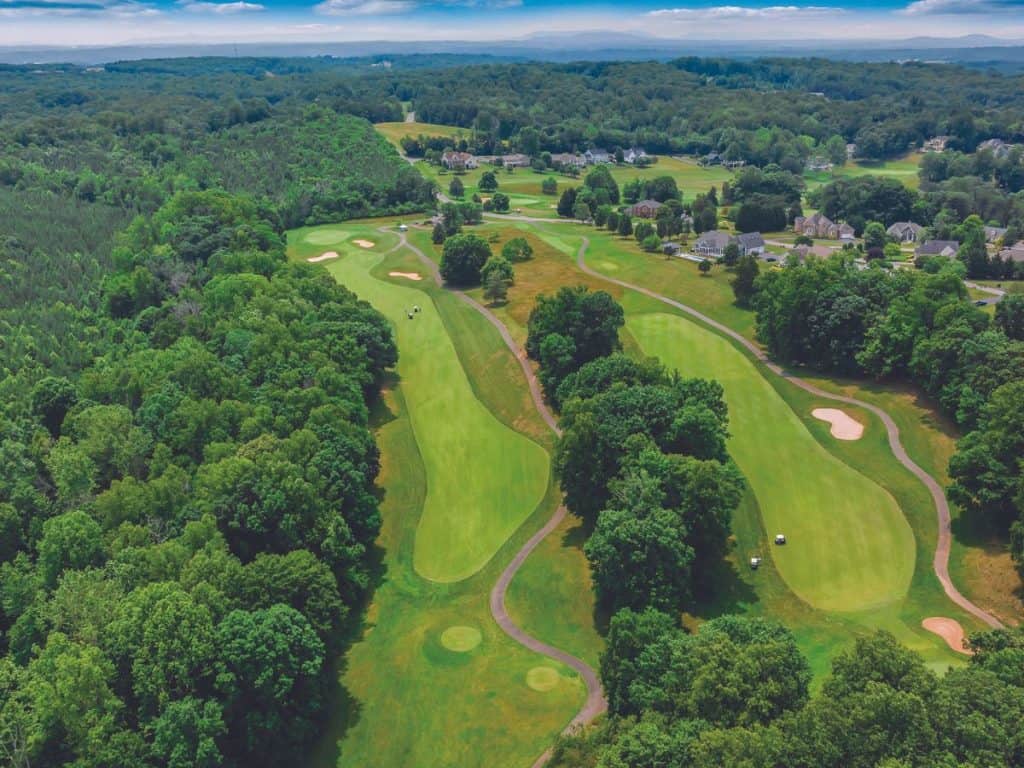 Aerial view of holes 9 and 15 at The Waterfront Country Club at Smith Mountain Lake, Virginia