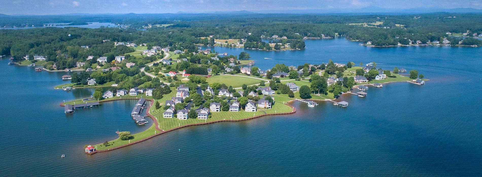 Aerial view of cottages at The Boardwalk, a neighborhood at Smith Mountain Lake, VA. 
