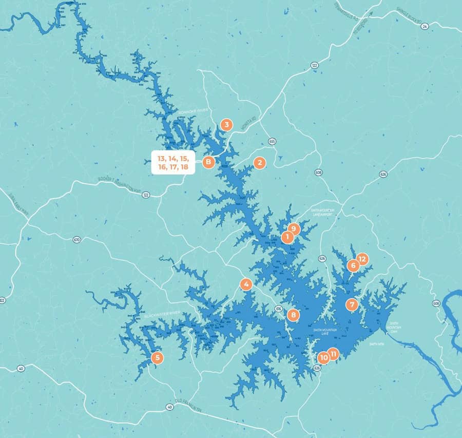 map of waterfront restaurants accessible by boat at Smith Mountain Lake, VA