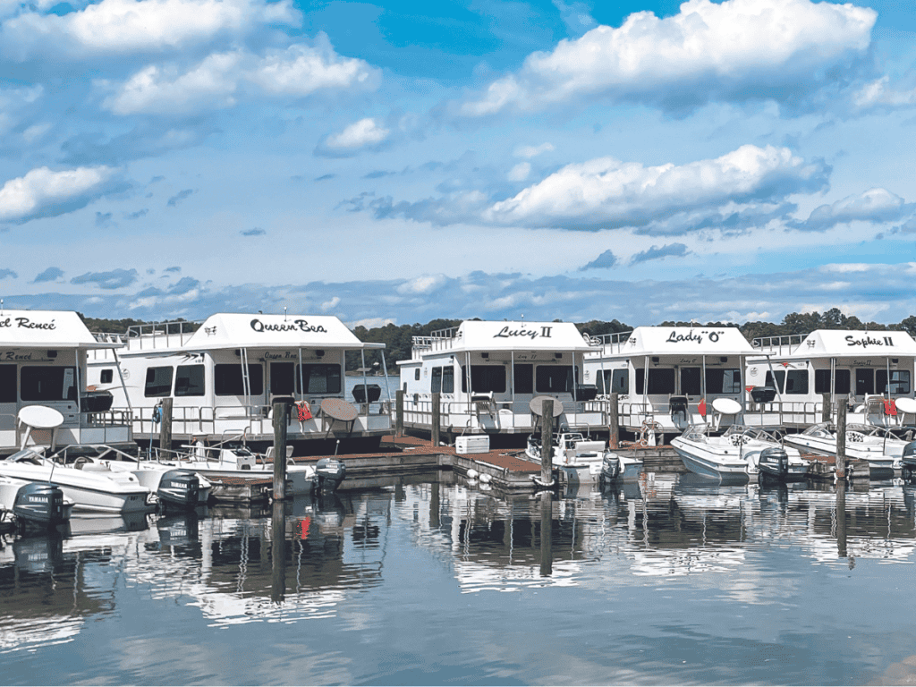 White houseboats lined up on Smith Mountain Lake, VA.
