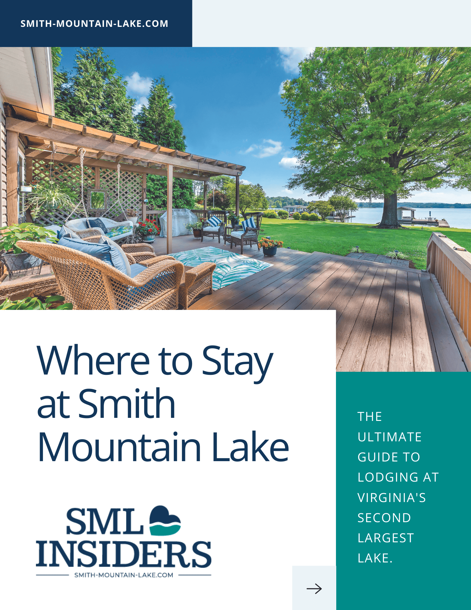 Cover of SML Lodging Guide with beautiful view of Smith Mountain Lake, VA.
