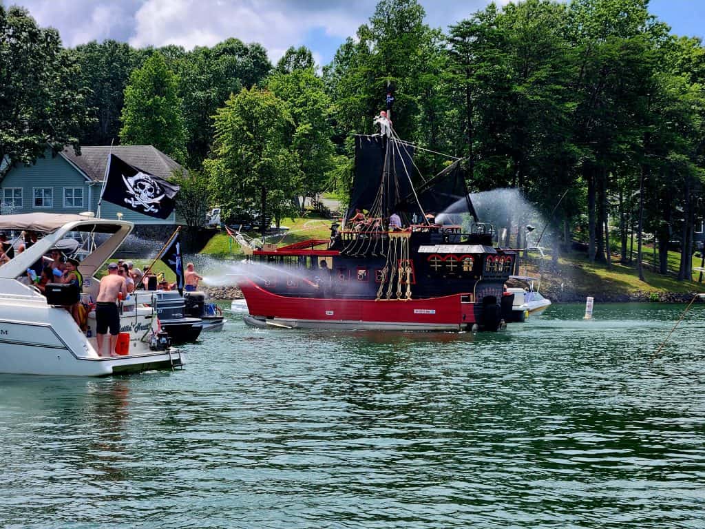 A boat on Smith Mountain Lake decked out for Pirate Days.