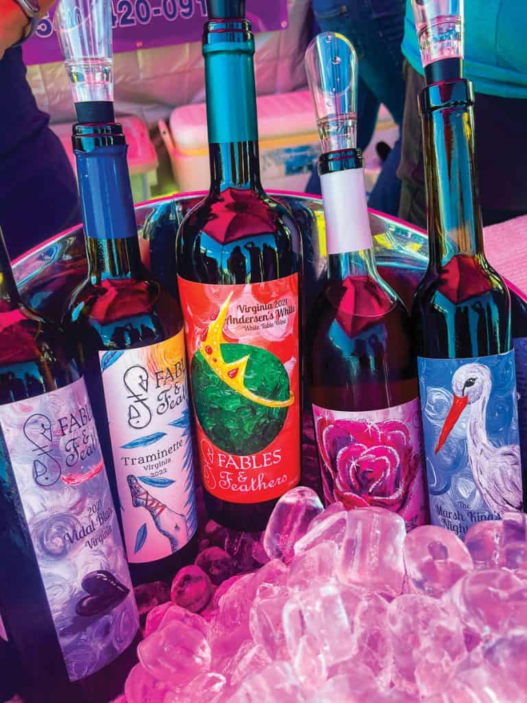 A collection of colorful wine bottles from Fables and Feathers Winery at Smith Mountain Lake, Virginia.