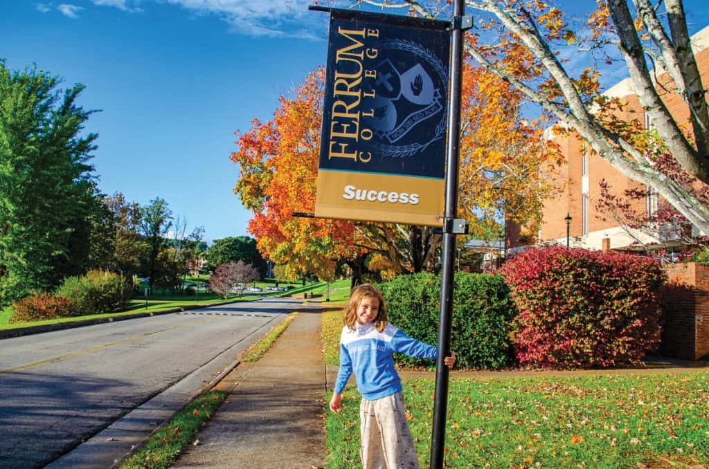 A little girl poses on the campus of Ferrum College near Smith Mountain Lake, Virginia.