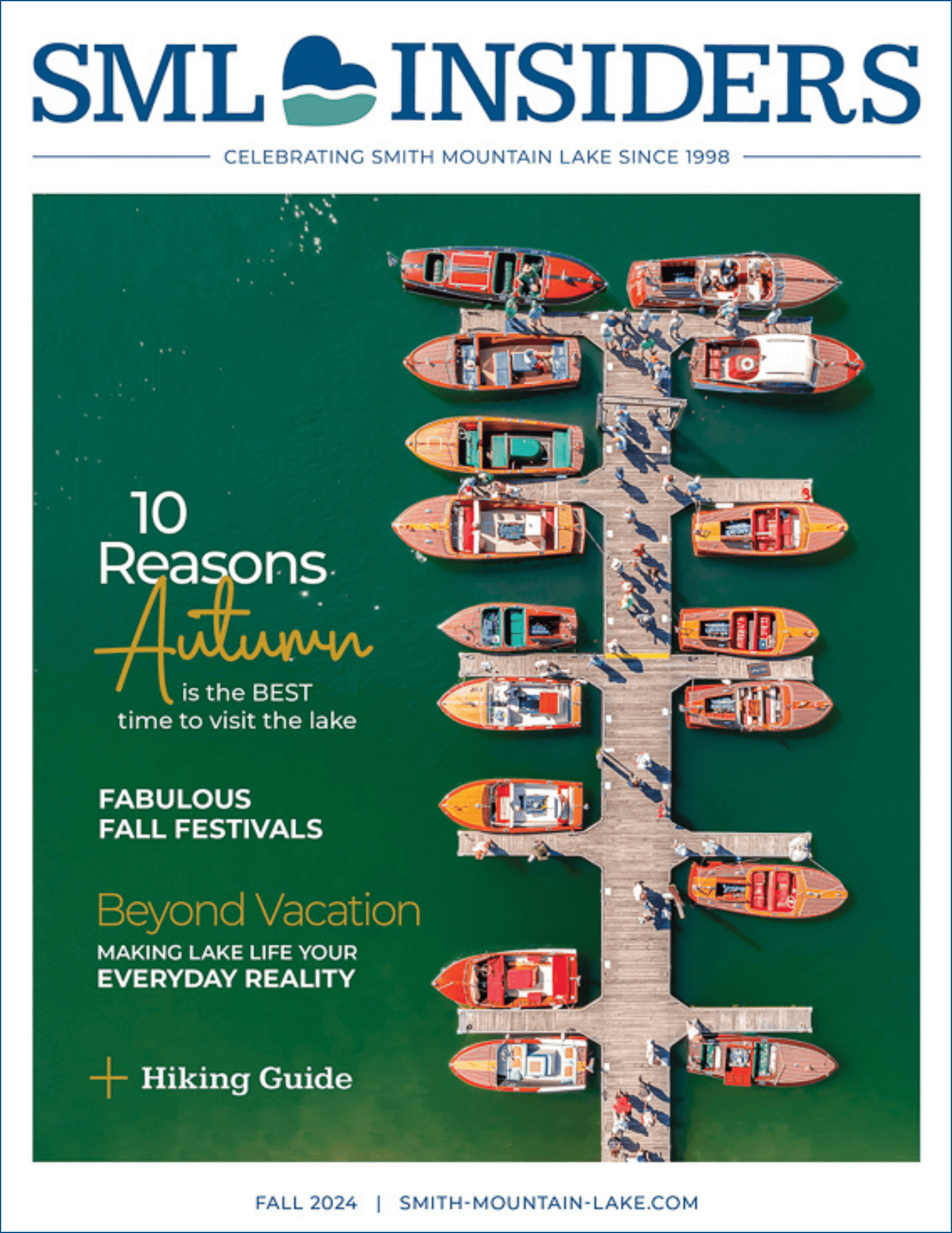 Cover of the Fall issue of SML Insiders, featuring an aerial of antique boats on Smith Mountain Lake.