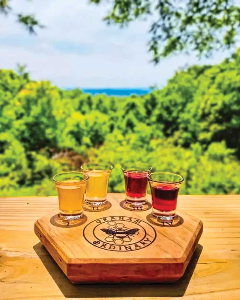 Four samples of mead with a mountain view at Graham Ordinary in Bedford County