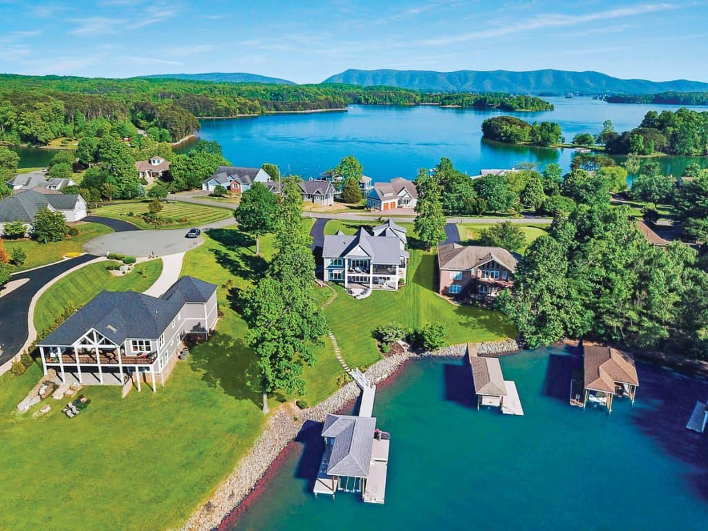 Aerial view of a magnificent house and dock on Smith Mountain Lake, Virgina.