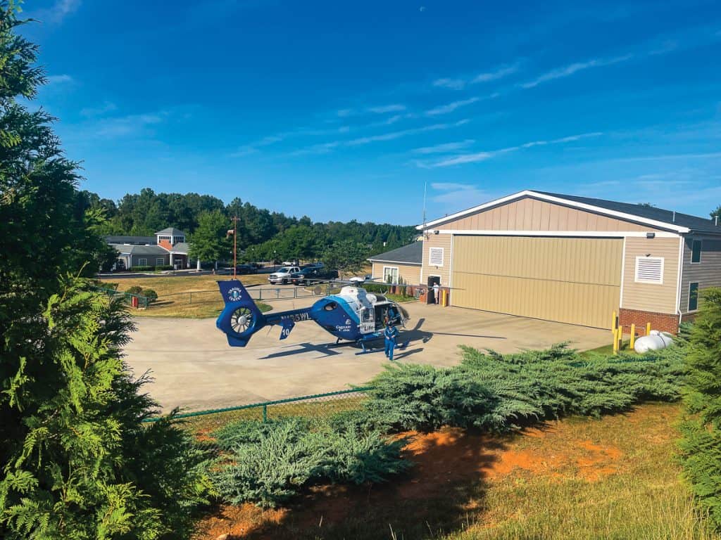 Carilion Clinic medivac helicopter at the helipad at Westlake Corner at Smith Mountain Lake, Virginia.