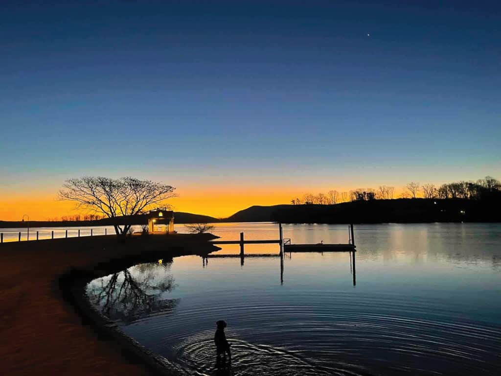 Orange sunrise over Smith Mountain Lake with dog in foreground.