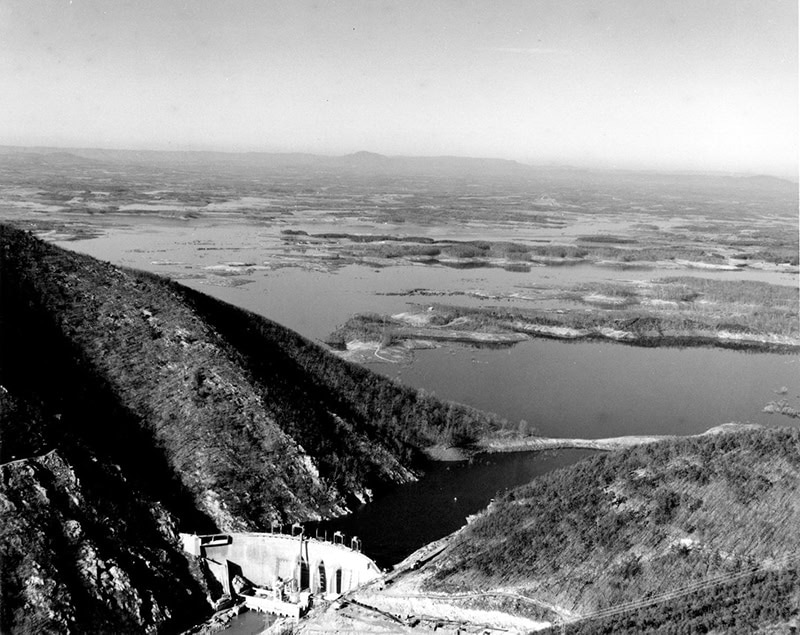 A view from above the dam in 1965 as the lake nears full pond