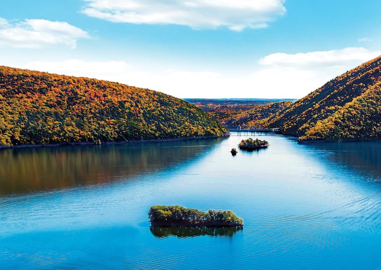 Bar Island and Dam Island with fall foliage and Smith Mountain Dam in the background.