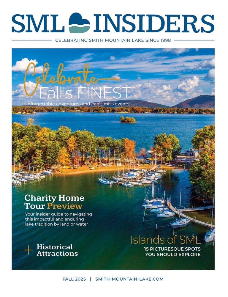 Cover of Fall 2025 SML Insiders Magazine with colorful fall foliage, lake and mountain backdrop at Smith Mountain Lake, Virginia.
