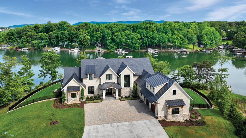Aerial exterior of sprawling lakefront home on the Smith Mountain Lake charity home tour.