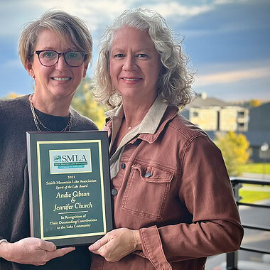 Co-publishers Andie Gibson and Jennifer Church receiving 2025 Spirit of the Lake Award from Smith Mountain Lake Association recognizing their commitment to celebrating life at SML promoting business and encouraging responsible stewardship