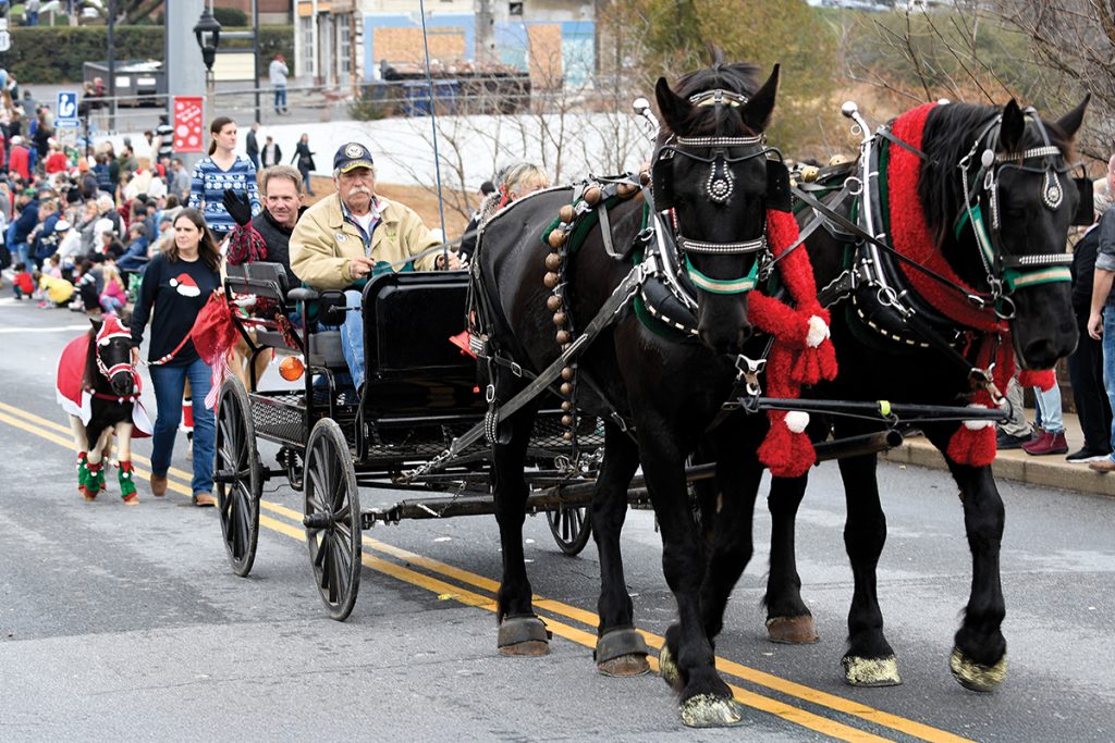 A horse-drawn carriage proceeding through Bedford Christmas Parade in downtown Bedford with spectators lining streets, photo by Jeff Reid