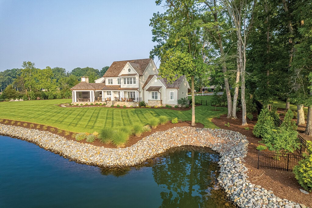 Rip-rap stone shoreline stabilization with native plantings at Smith Mountain Lake.
