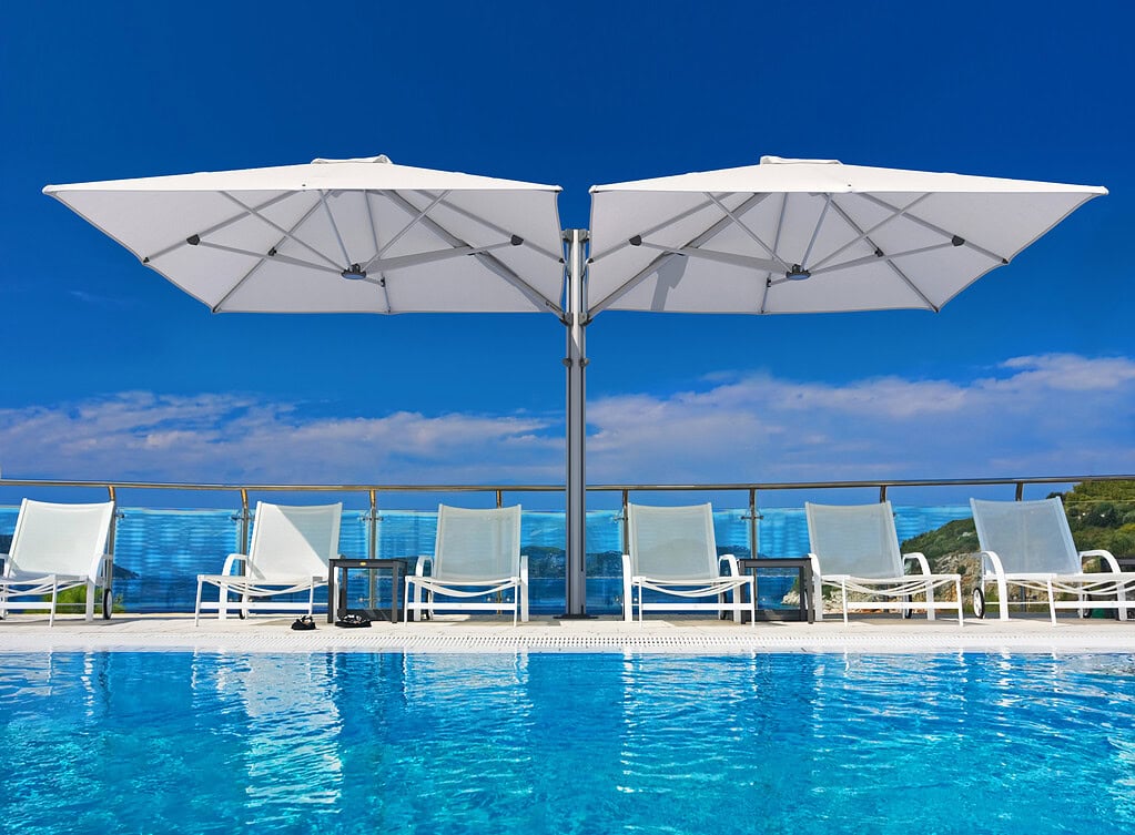 Cantilever umbrella providing flexible shade over a dock or patio at Smith Mountain Lake.