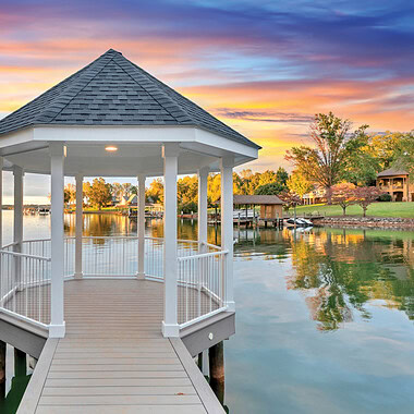 Low-maintenance materials are used for a gazebo-style dock at Smith Mountain Lake, Virginia.