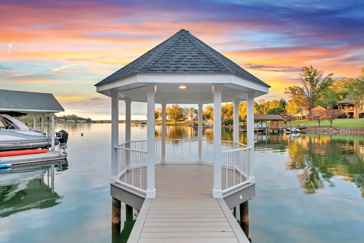 Low-maintenance materials are used for a gazebo-style dock at Smith Mountain Lake, Virginia.