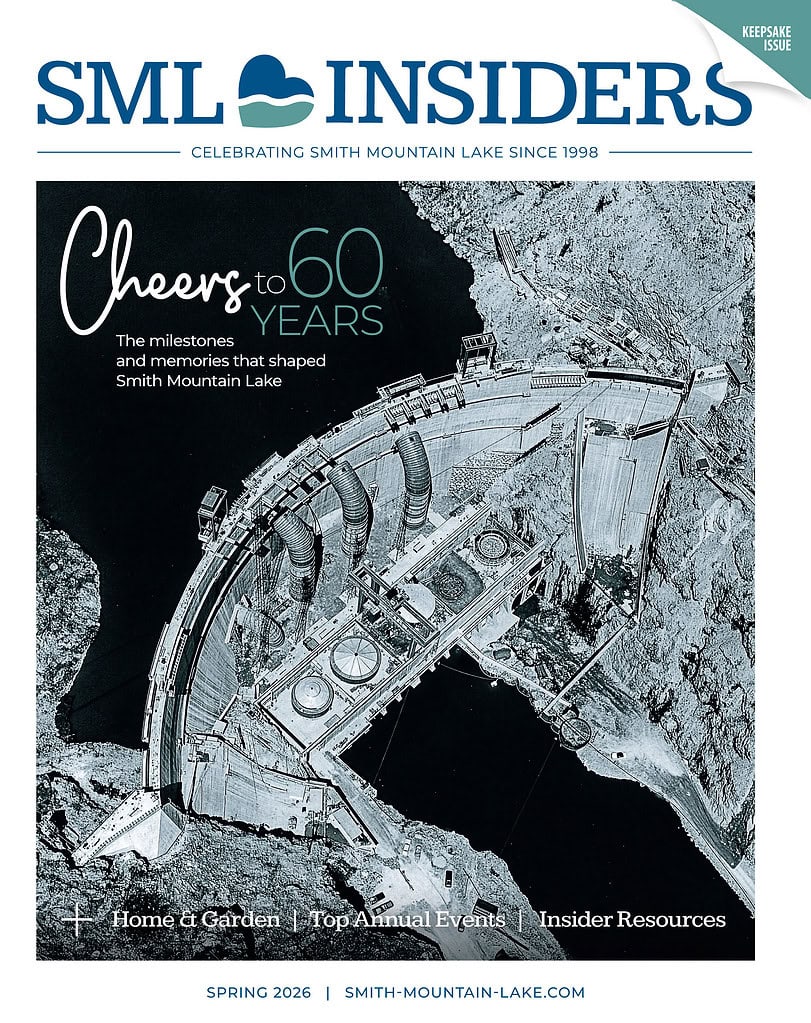 Spring 2026 SML Insiders magazine cover showing a historic aerial view of Smith Mountain Dam with the headline “Cheers to 60 Years.”