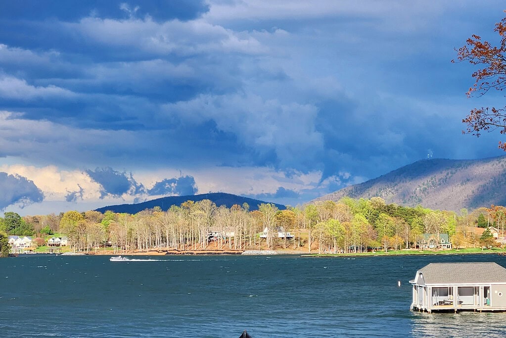 Smith Mountain Lake in spring, with docks and boats coming back to life for the season.