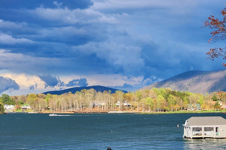 Smith Mountain Lake in spring, with docks and boats coming back to life for the season.