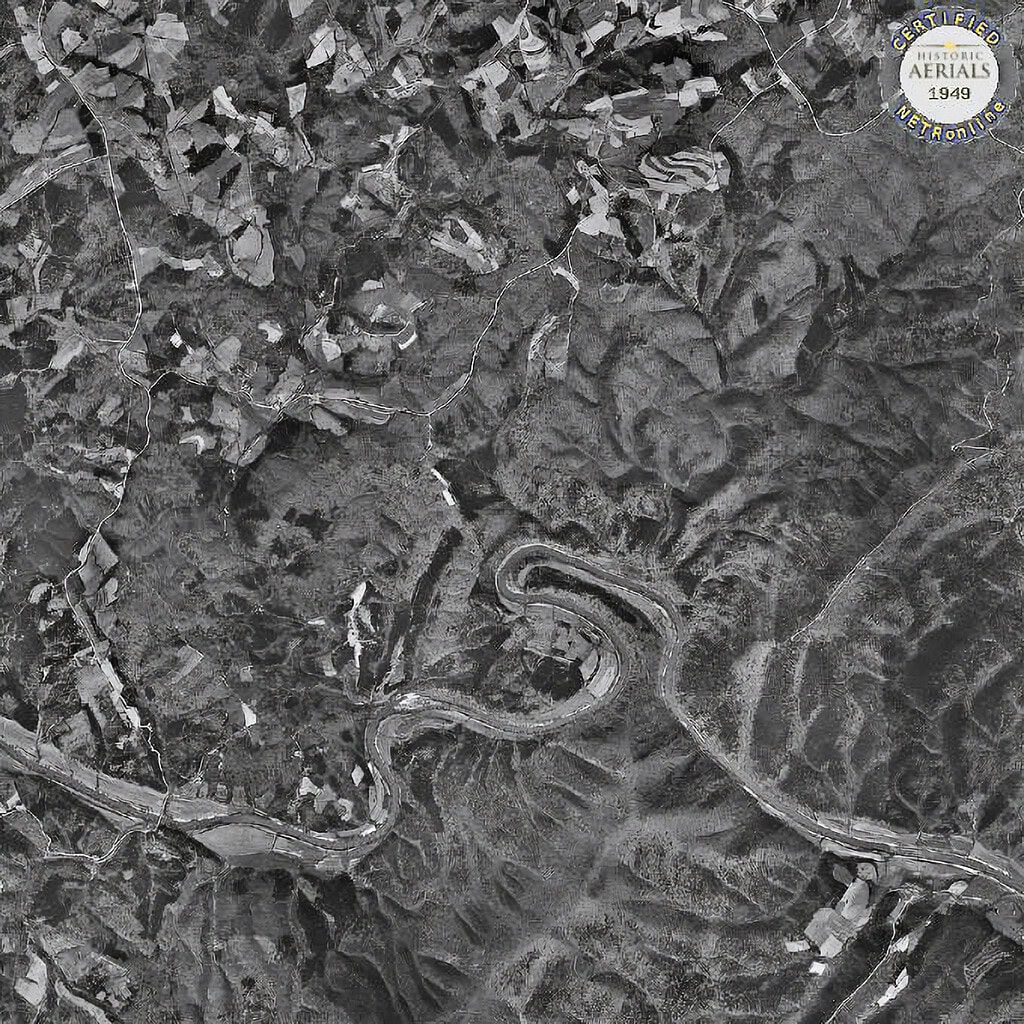 1960s — Historic aerial view of the pre-dam landscape before Smith Mountain Lake was created.