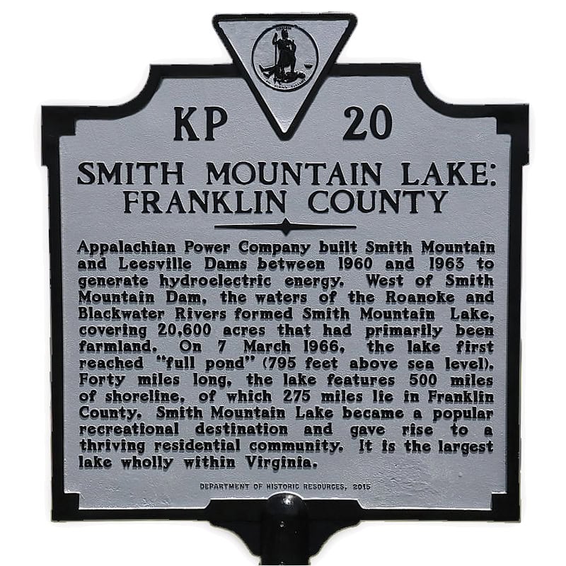 Virginia Historical Highway Marker in Franklin County marking Smith Mountain Lake history.