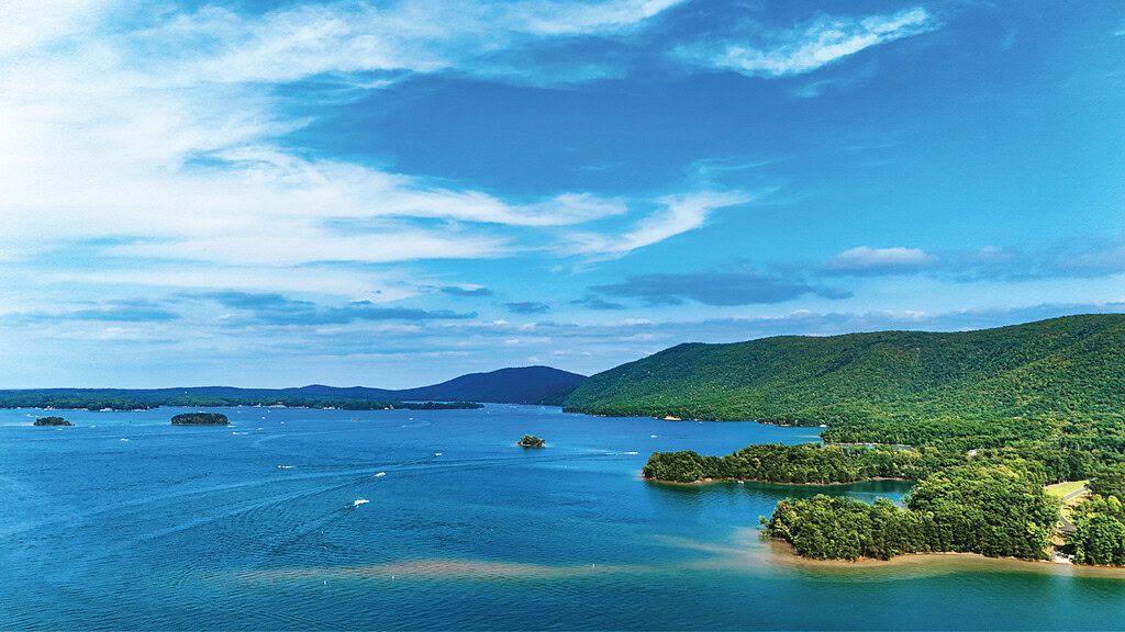 A aerial view of Smith Mountain and the lake