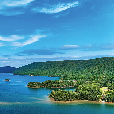 A aerial view of Smith Mountain and the lake