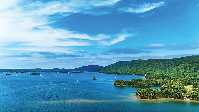 A aerial view of Smith Mountain and the lake