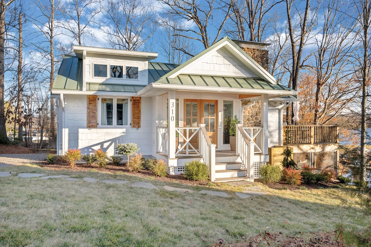 A refreshed 1970s Moneta cottage exterior at Smith Mountain Lake with low-maintenance finishes.