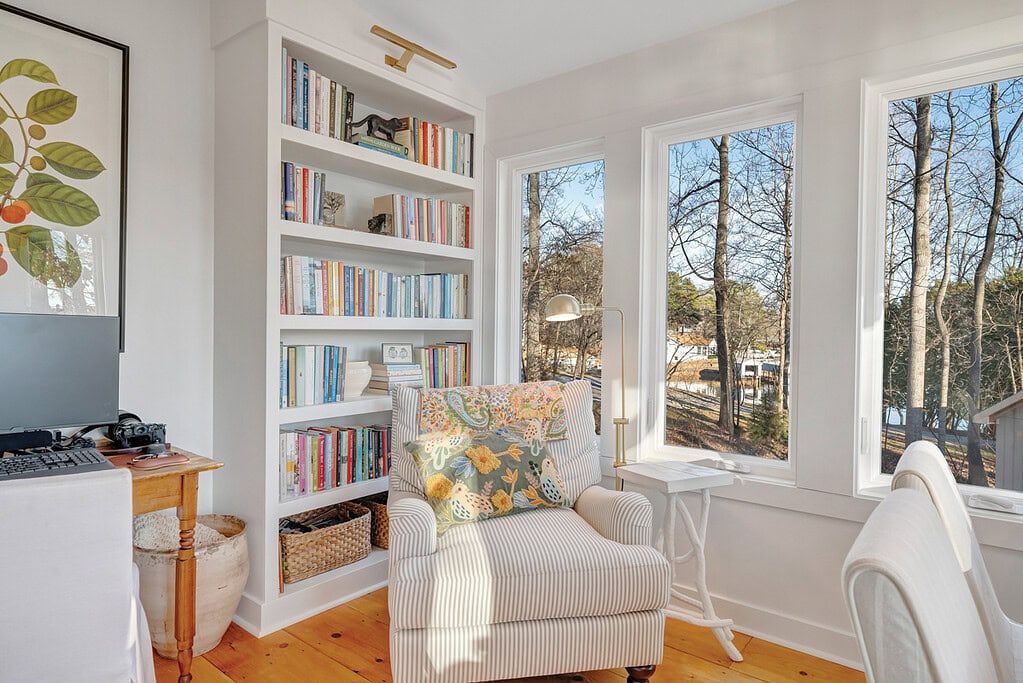 Bookcase and seating area that was added during renovation.